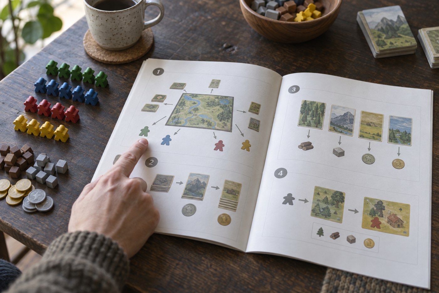 An illustrated rulebook open beside sorted wooden game pieces