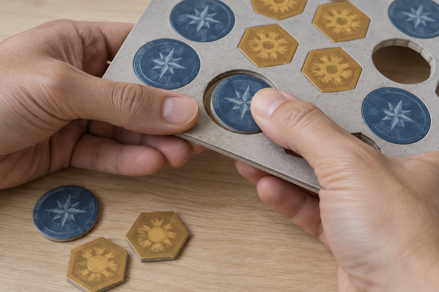 Hands supporting a punchboard while removing a circular cardboard token