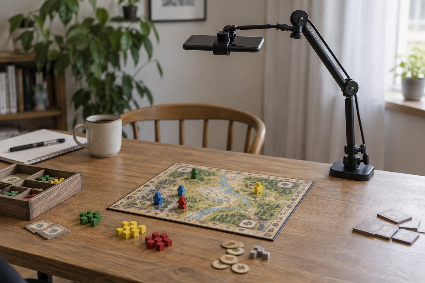 A phone on an overhead stand aimed at a tabletop game
