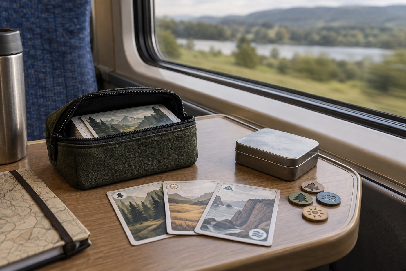 A compact card game and zipped pouch on a train table