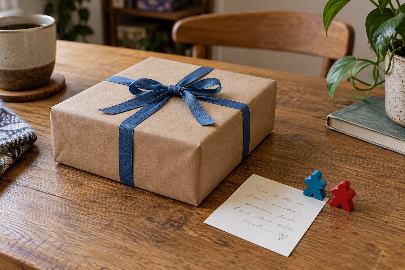 A square game box wrapped in kraft paper and blue ribbon