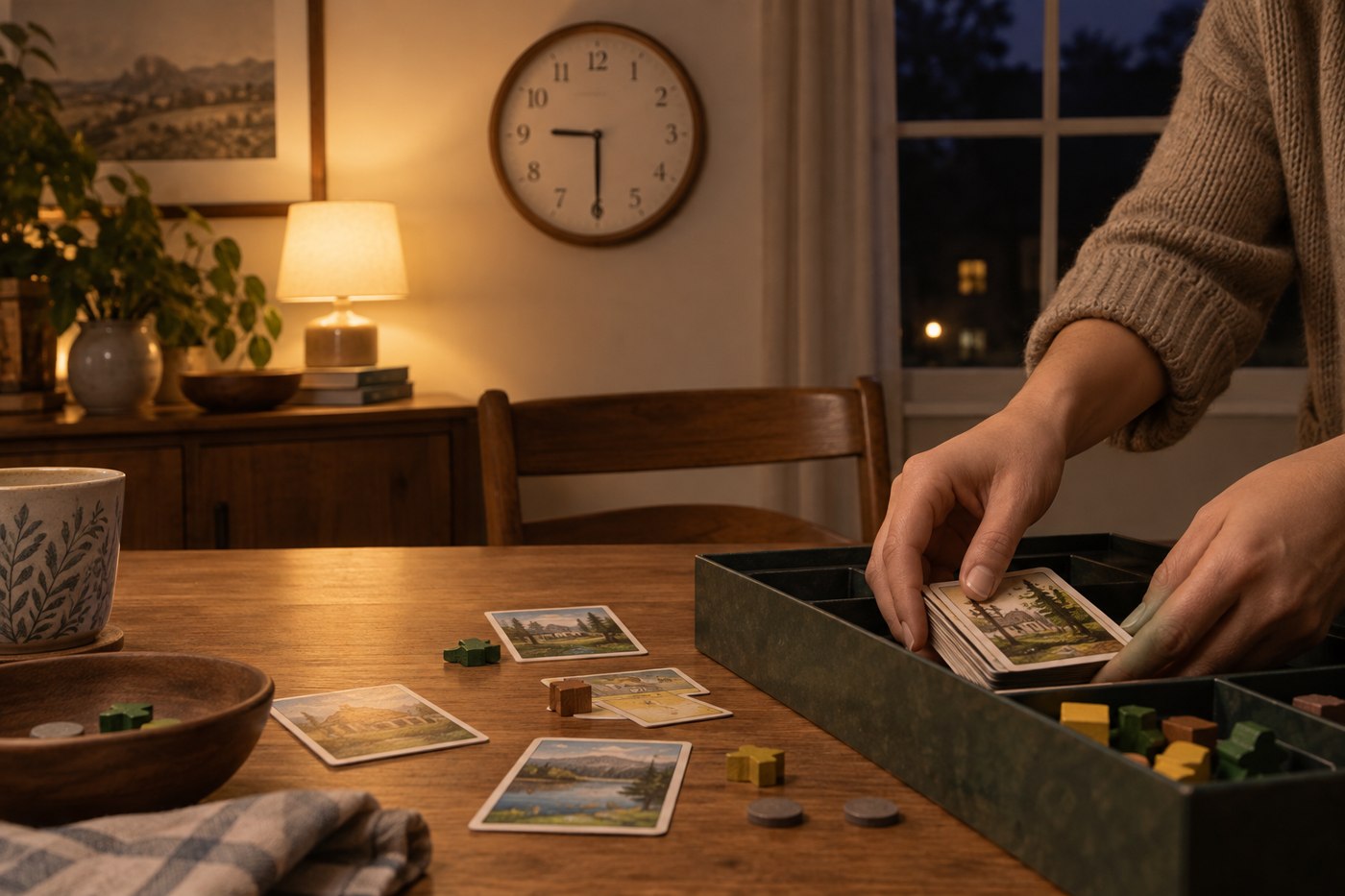 A clock above a game table being cleared at the end of an evening