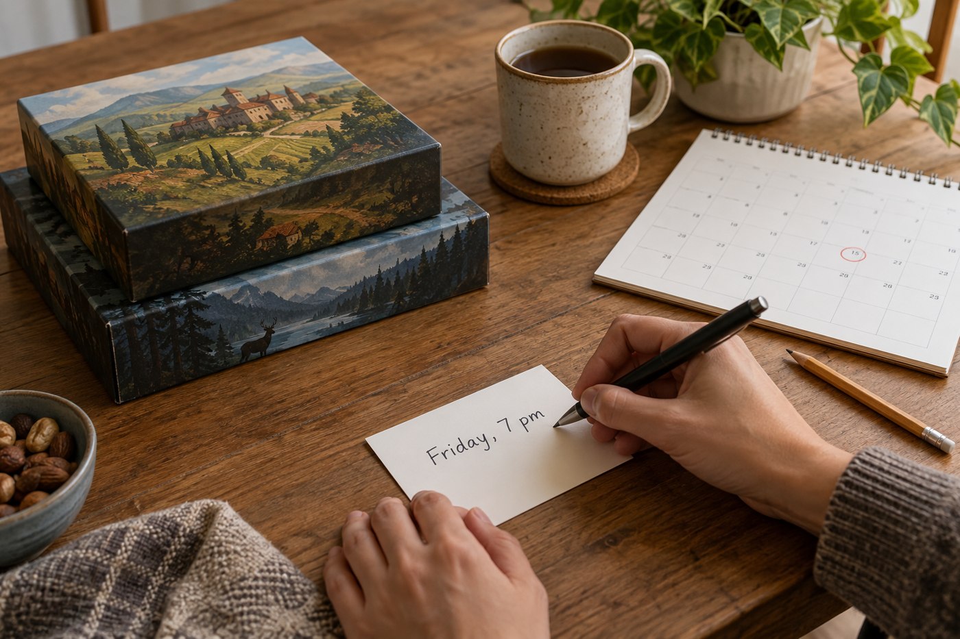 A handwritten game-night invitation beside a calendar and game boxes