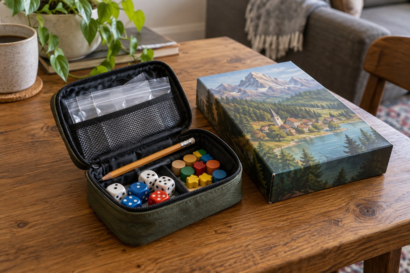 A pouch containing dice, pencil, small bags and spare counters