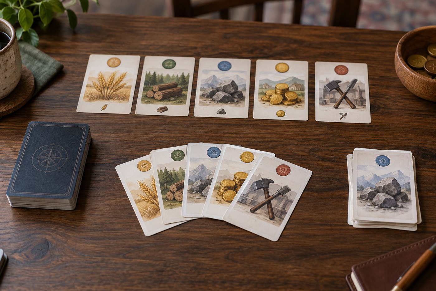 A draw deck, hand of cards, discard pile and market row on a table