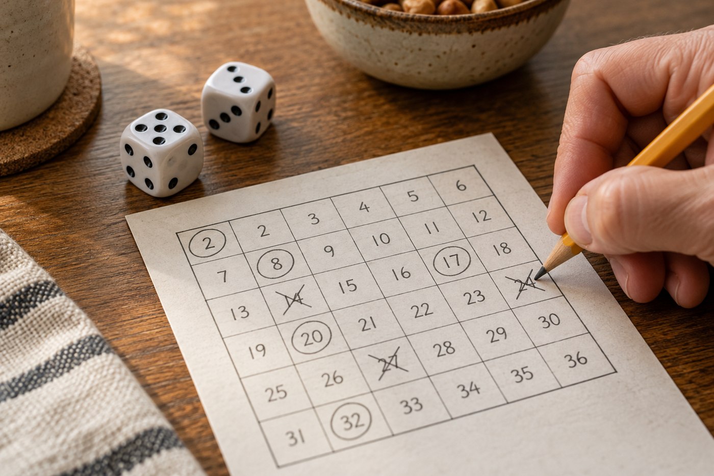 A pencil marking a numbered score sheet beside two dice