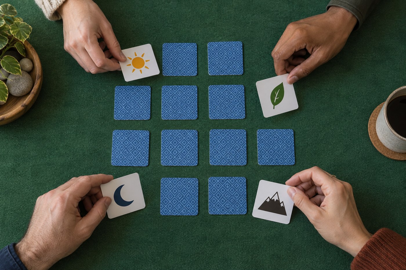 Four players revealing icon cards at the same time