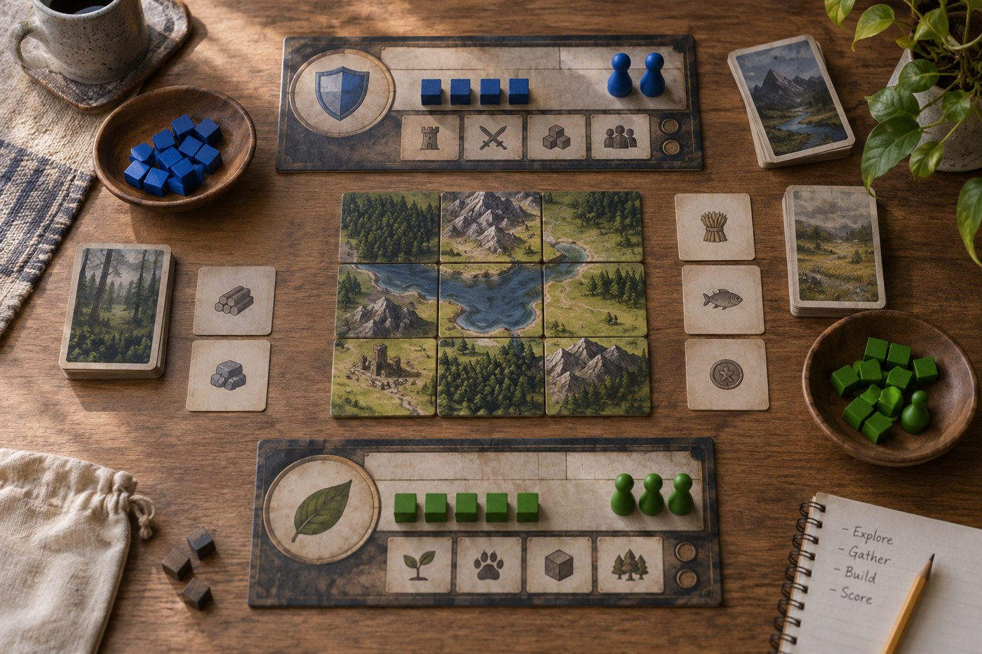 Two player boards with different symbols and separate resource supplies