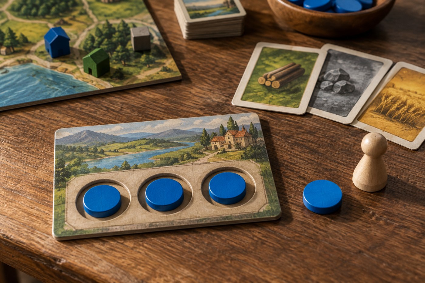 A small player mat with limited spaces for blue action markers