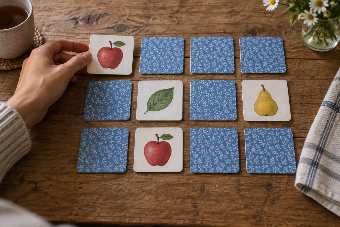 A grid of face-down memory cards with several picture cards revealed