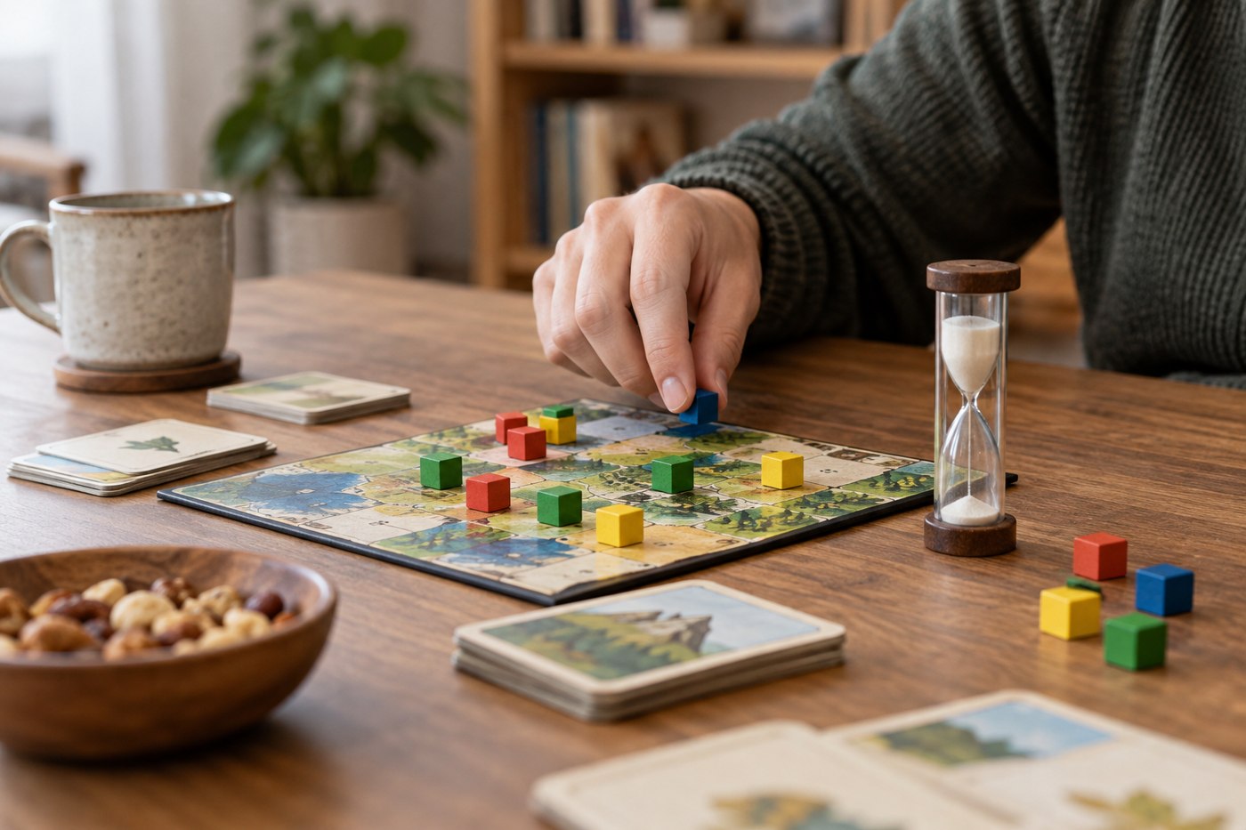 A sand timer beside wooden cubes and cards ready for play