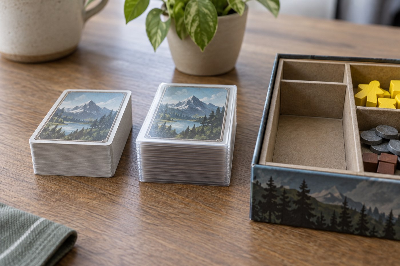 Sleeved and unsleeved card decks beside a shallow storage insert