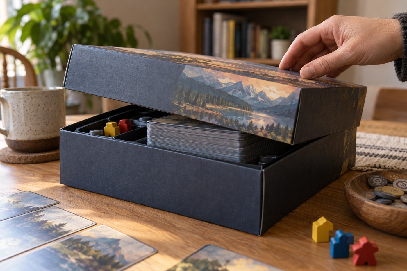 A raised box lid above a stack of sleeved cards in an insert