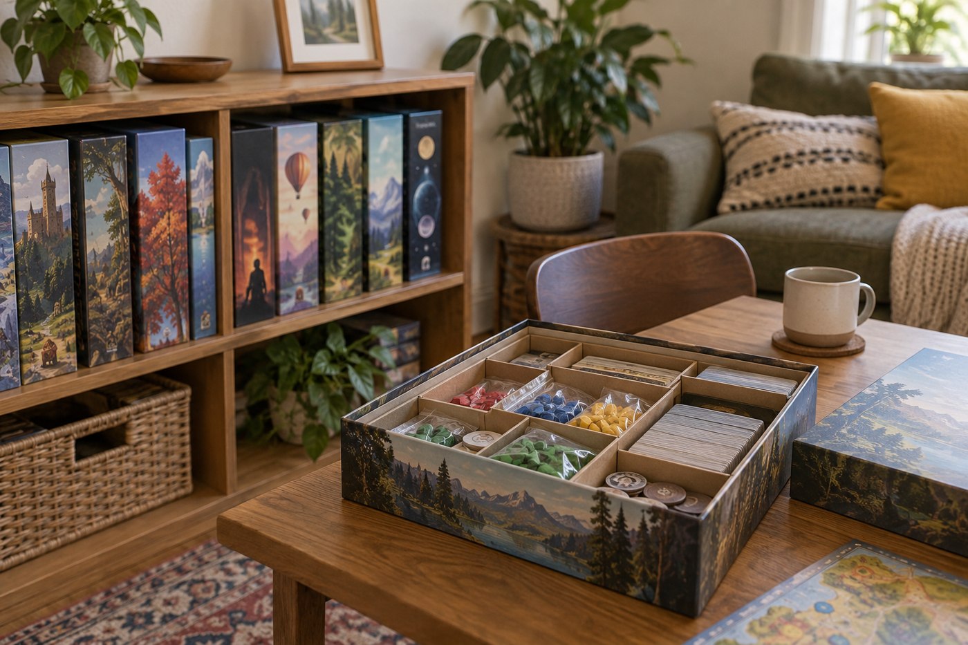 Games stored upright on a shelf beside a box with secured components