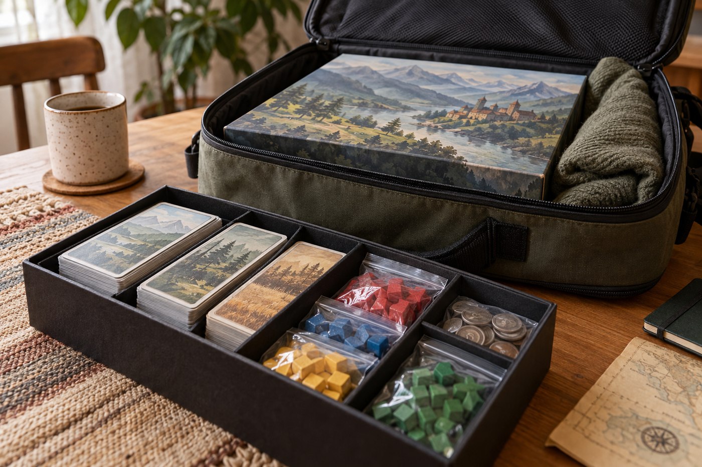 A game box packed in a bag with padding and contained small pieces
