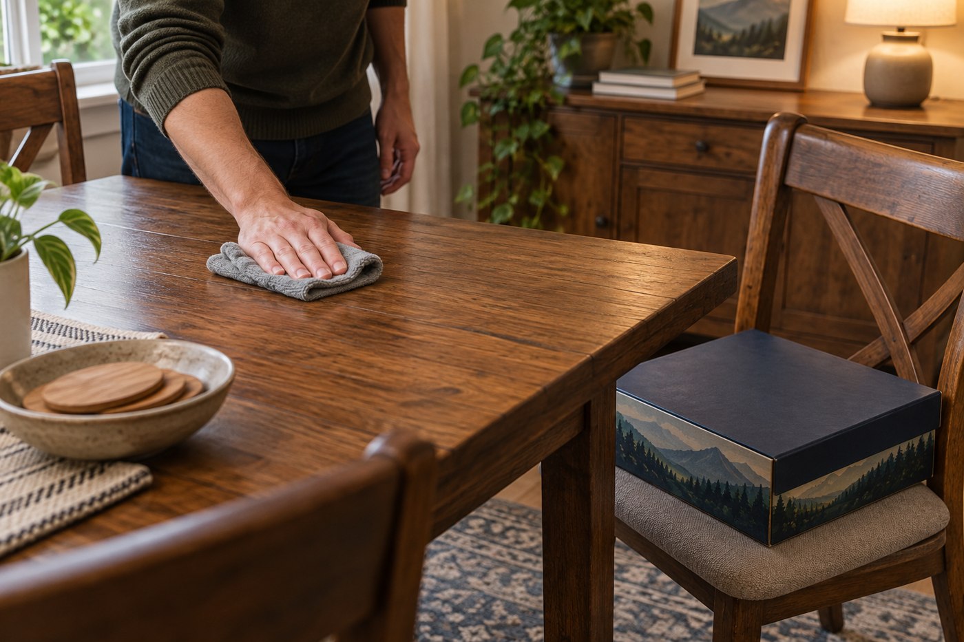 A hand wiping a clear table before unpacking a game