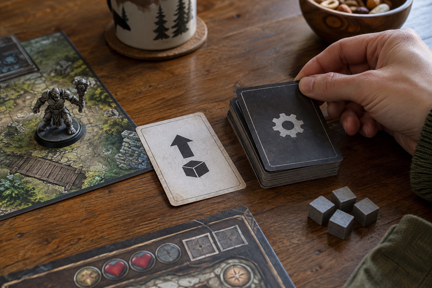 An automated-opponent card deck beside pieces for a solo game
