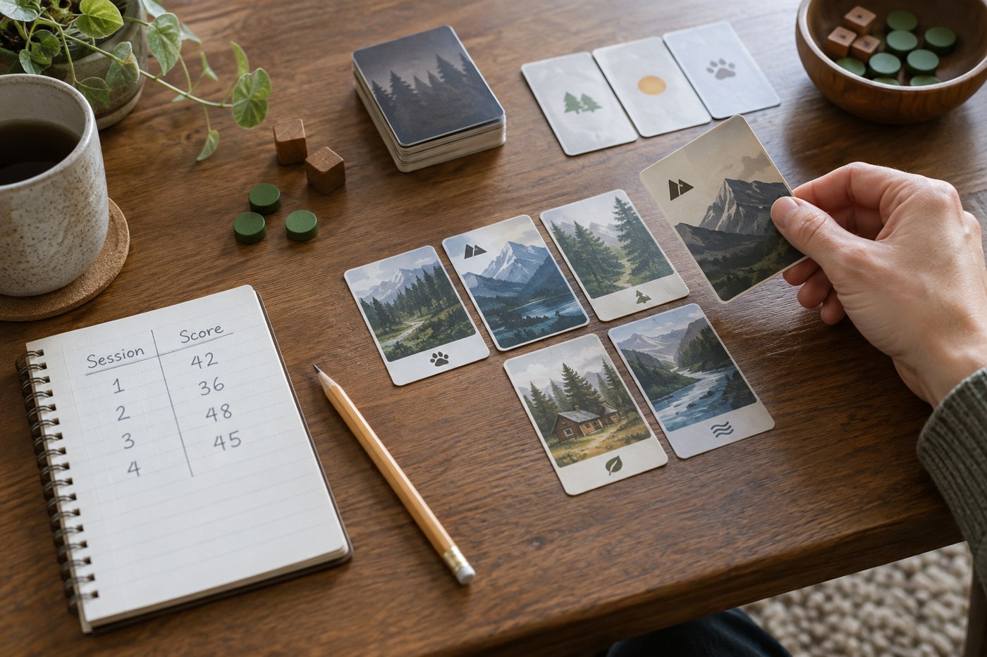 A notebook recording solo session scores beside cards and counters