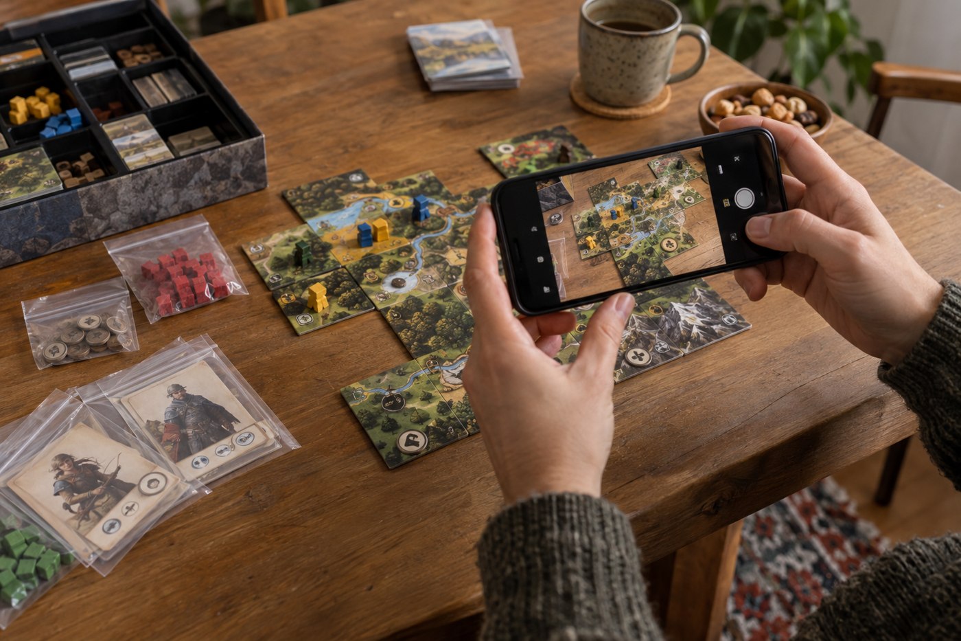 A phone recording the position of an unfinished tabletop game