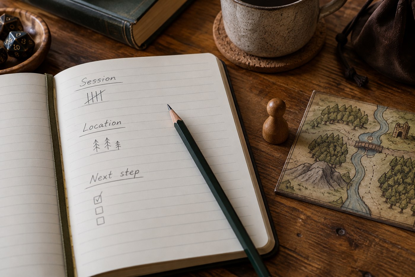 A campaign notebook with session headings beside a map tile and pawn