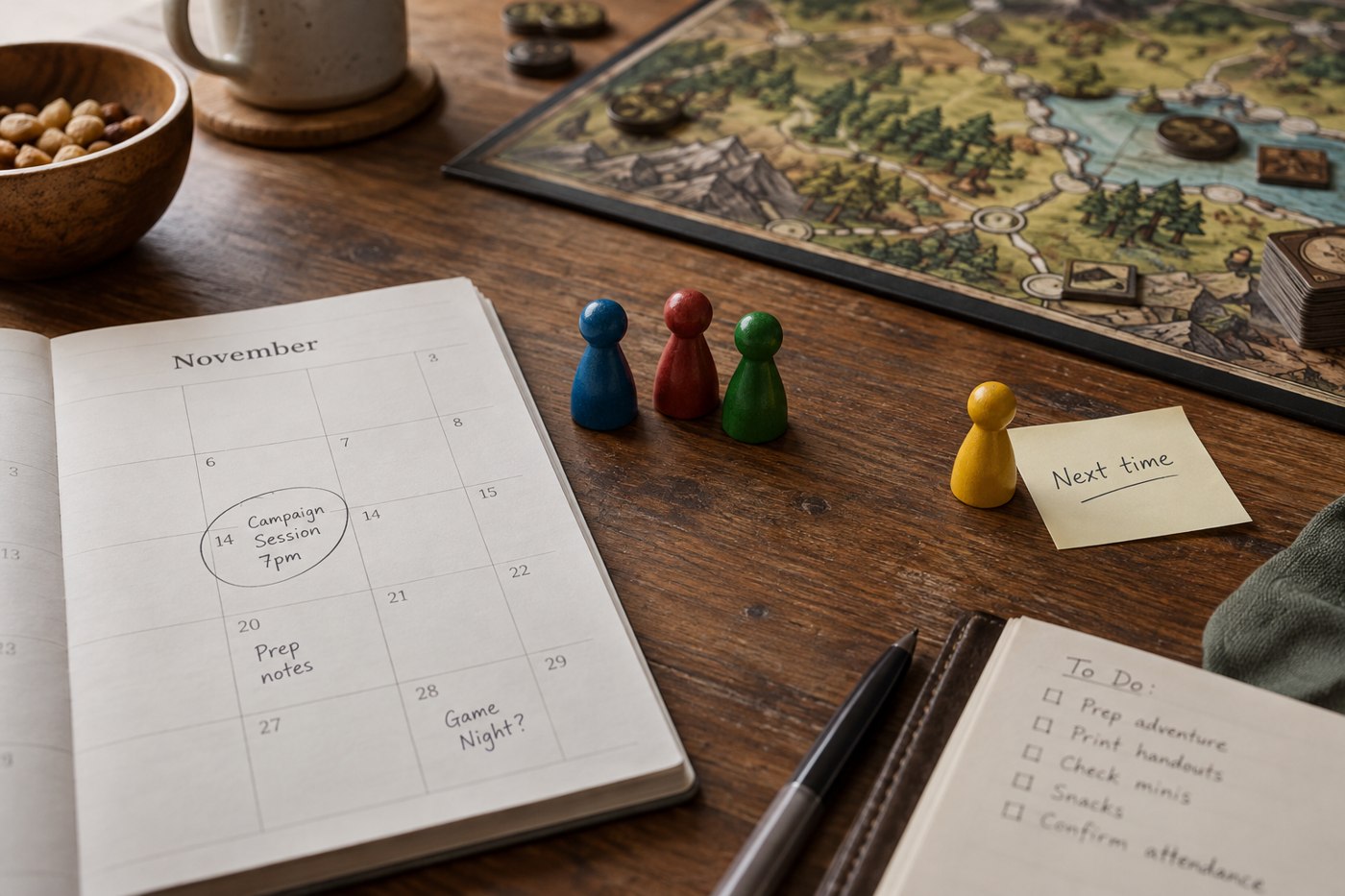 Player pawns beside a calendar used to arrange the next session