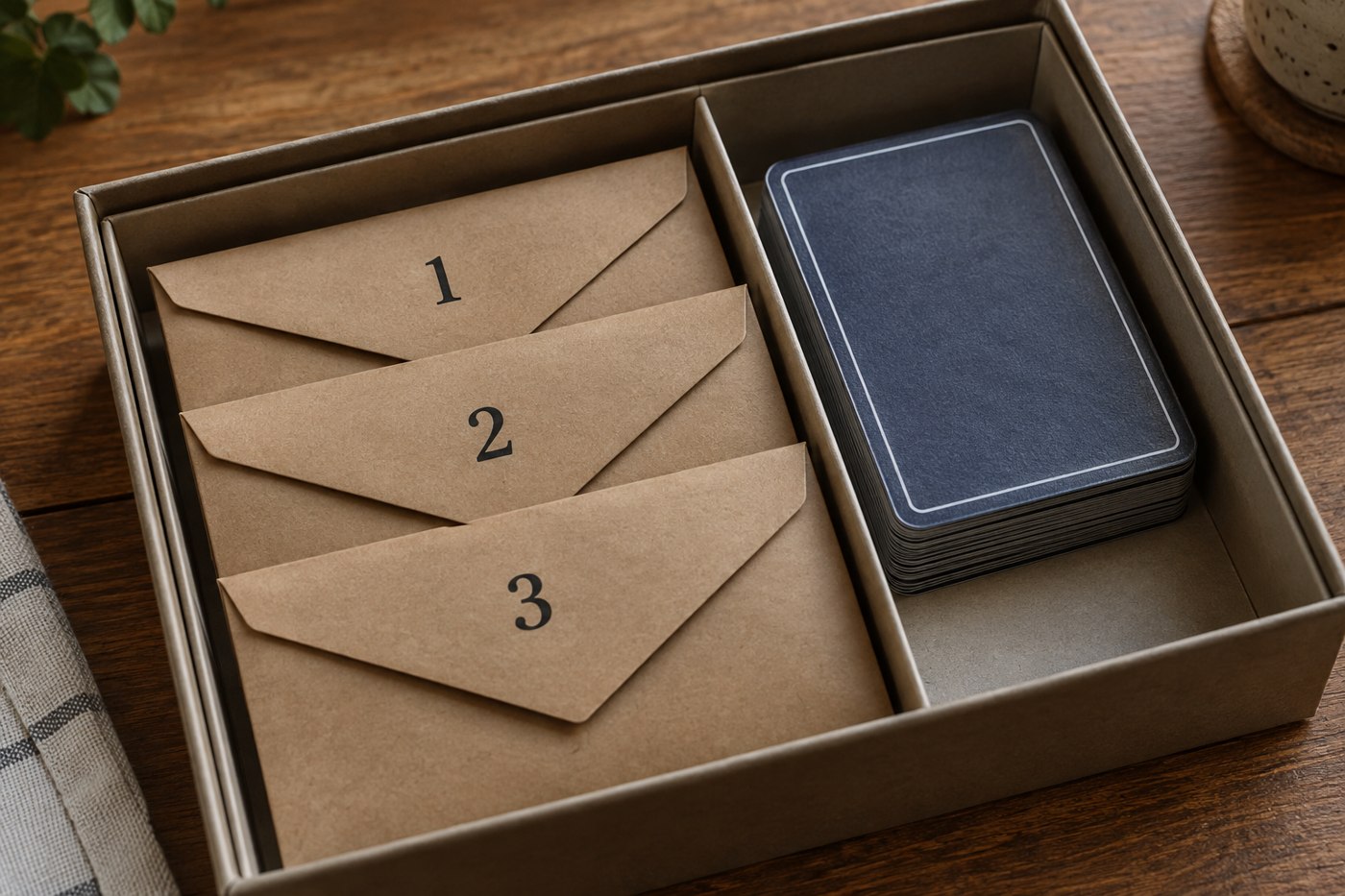 Sealed numbered envelopes stored separately inside a game box