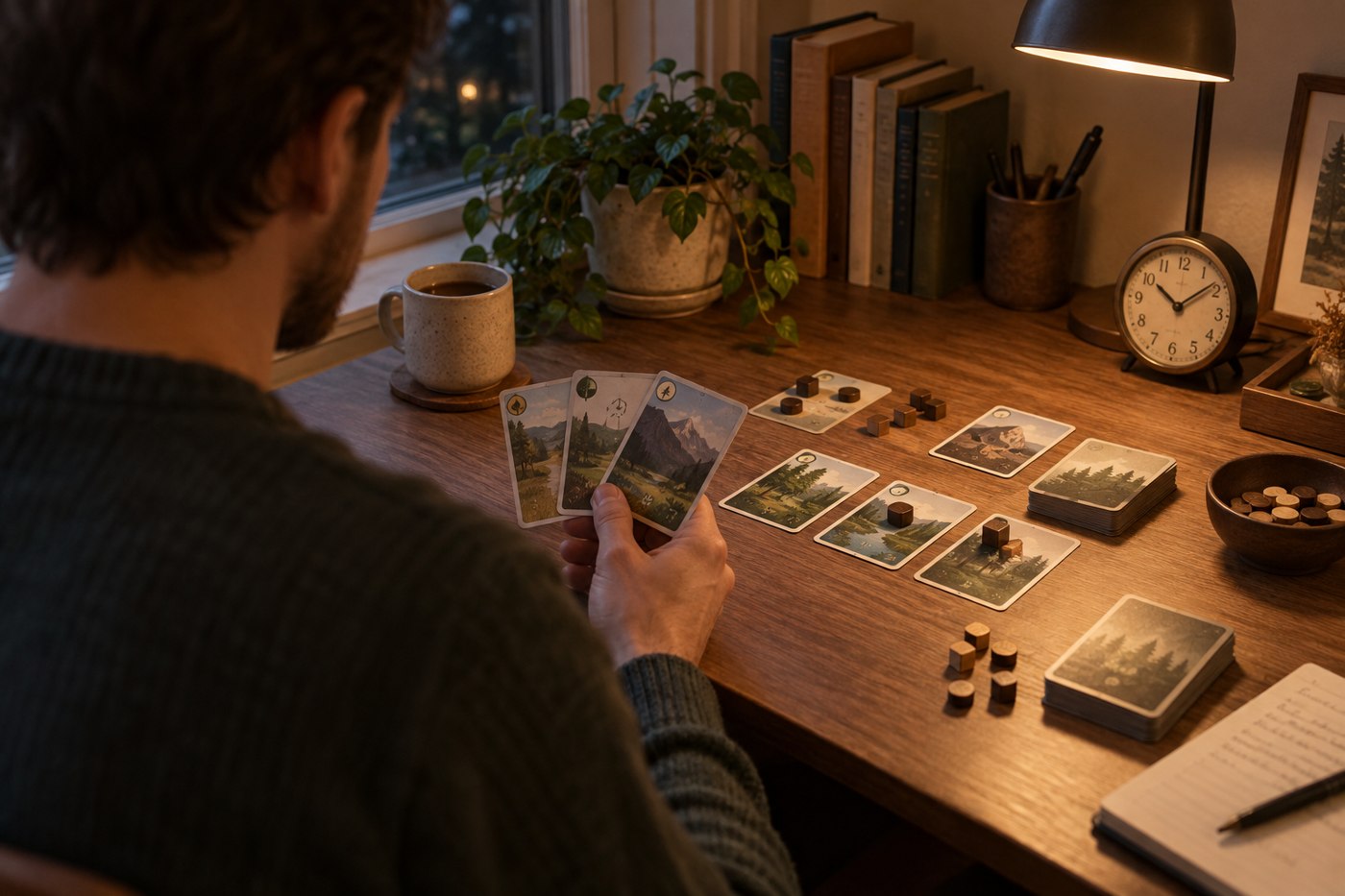 One player enjoying a compact tabletop game under evening lamplight